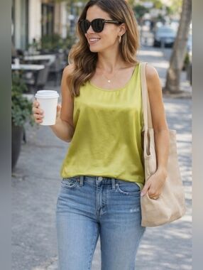 Chico’s Silk Tank Top Lime Green Women’s Size 2 Large Sleeveless Blouse Office